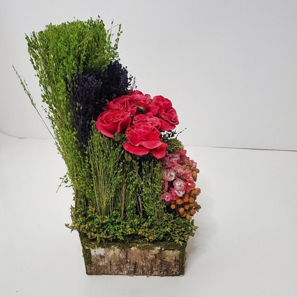 Faux Yellow Roses & Flowers in tree trunk arrangement home decor - Picture 6 of 7